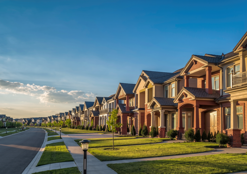 A row of upscale, traditional two-story luxury homes along a quiet, tree-lined suburban street at golden hour.