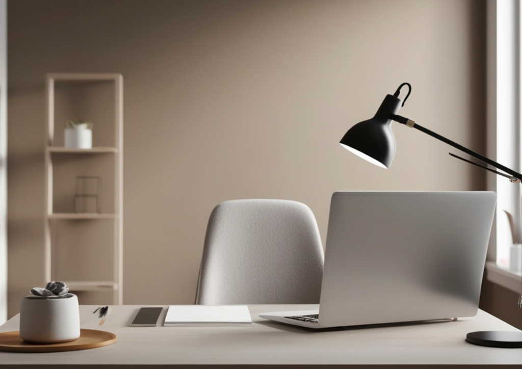 A clean, modern home office workspace with a laptop and stylish decor.