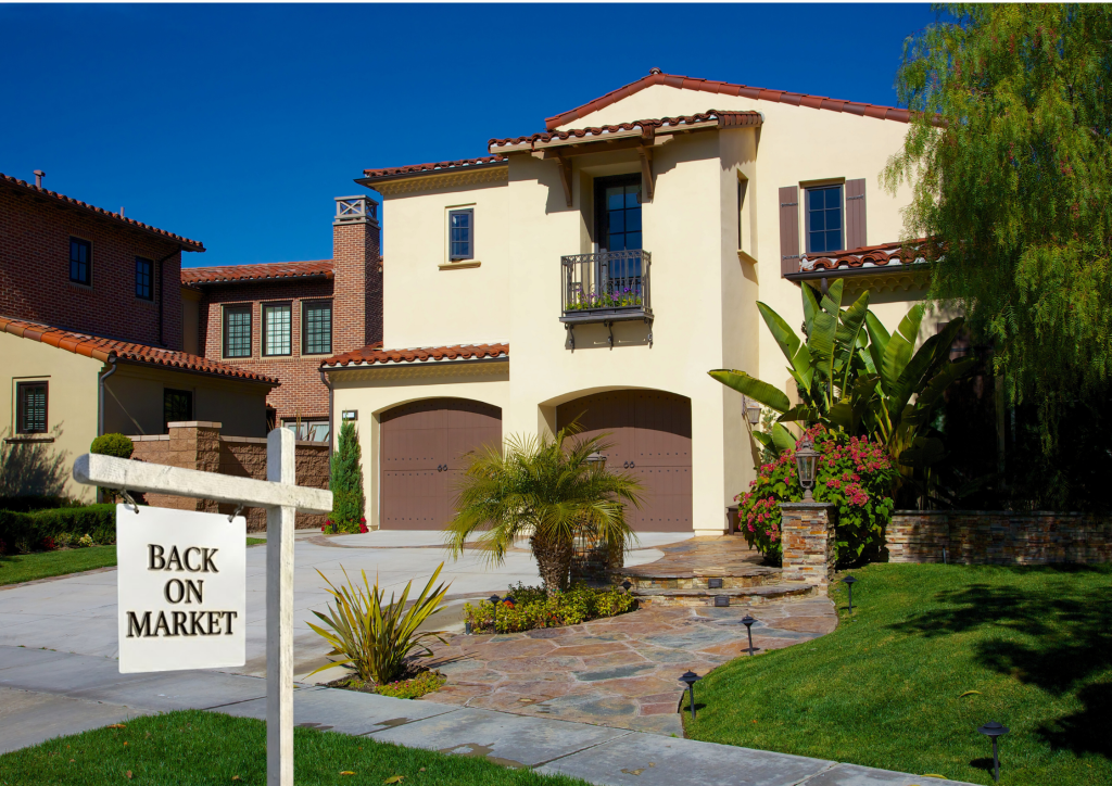A luxury Mediterranean-style home with a prominent 'Back on Market' sign in the foreground, illustrating the consequences of failed post-offer inspections.