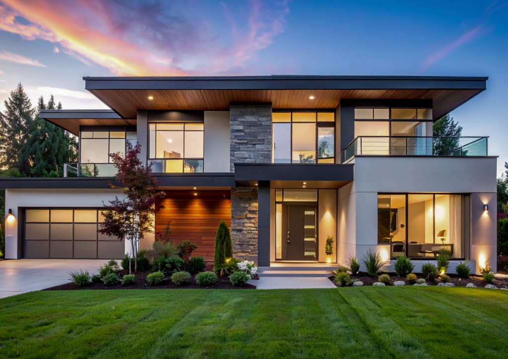 Exterior of a contemporary luxury home at twilight with warm interior lighting and professional landscaping.