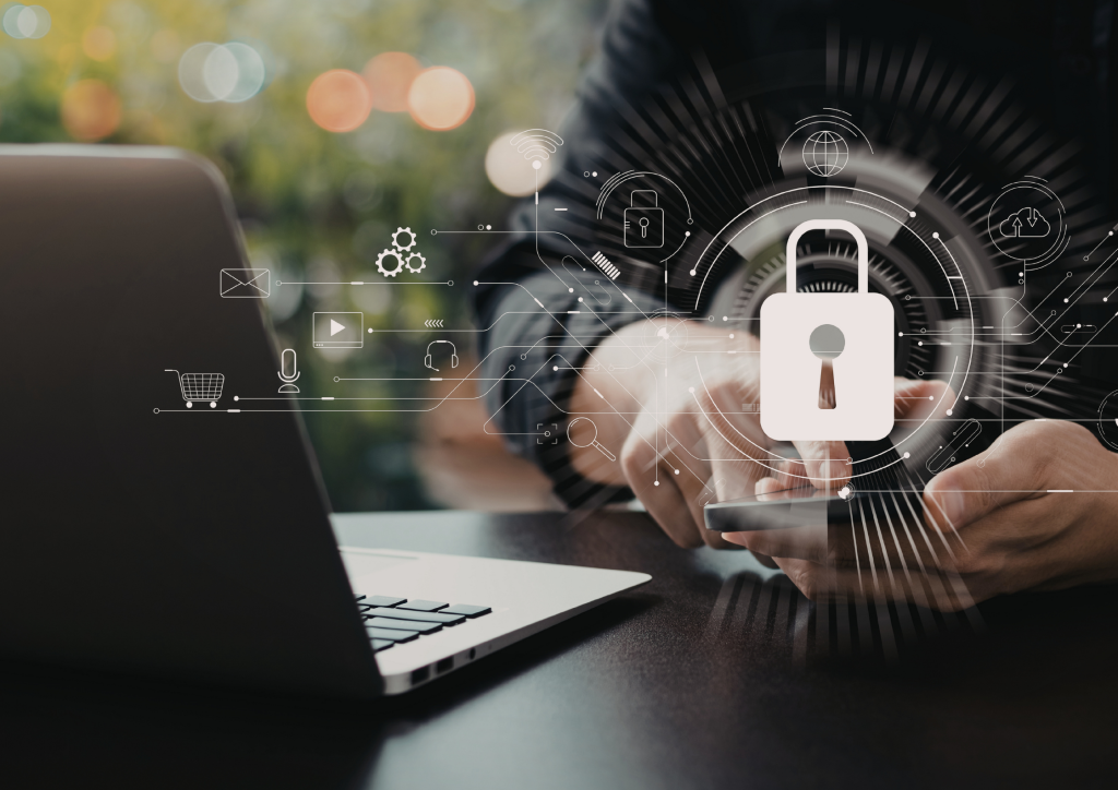 A person using a smartphone and laptop with a digital padlock icon overlay, representing advanced AI-powered home security and data privacy.
